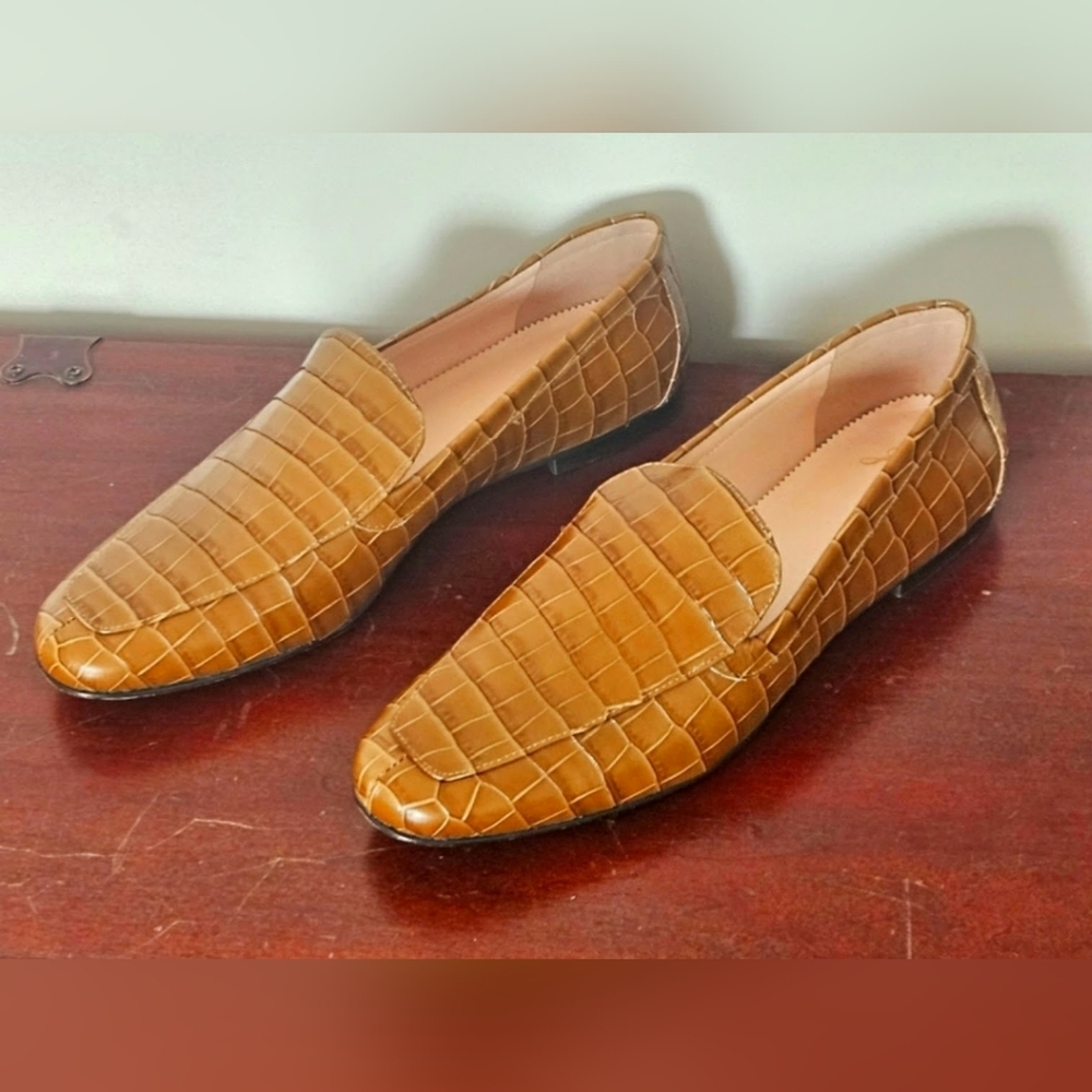 J Crew Cecile Smoking Slippers Croc-embossed Leather Flats Camel 9.5